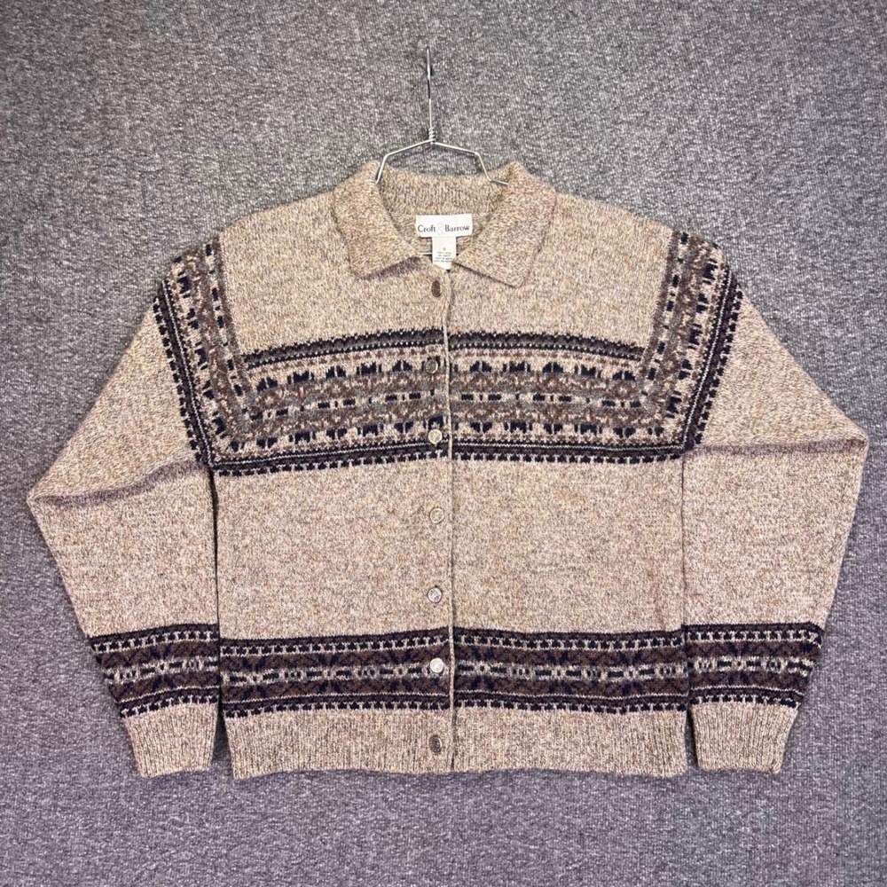 Croft & Barrow Wool Cardigan Womens Small Tan Fair Isle Button‎ Casual Collared